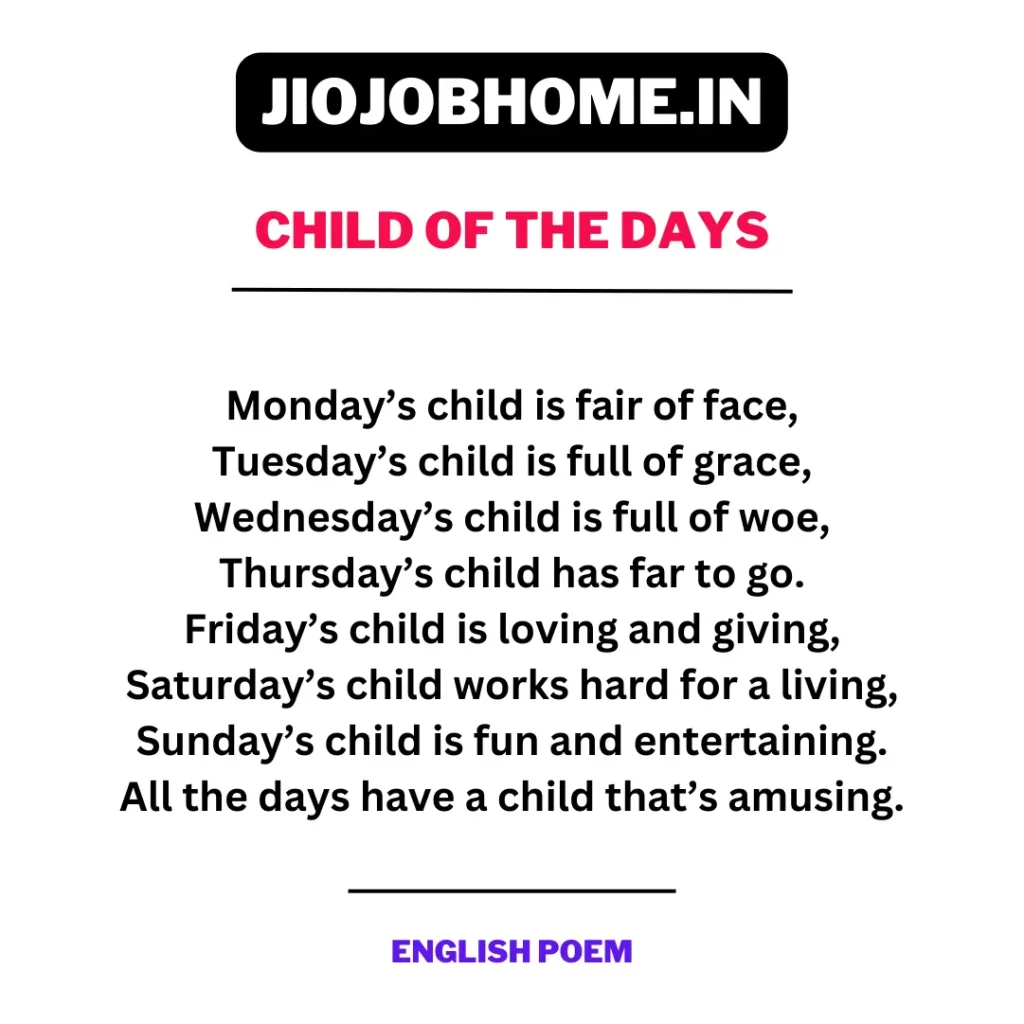 Child Of The Days–Short English Poem For Class 2
