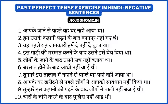 Past Perfect Tense Exercise in Hindi: Negative Sentences
